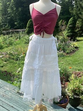 Upcycle Annie upcycled bed skirt white eyelet tiered maxiskirt Small to XL